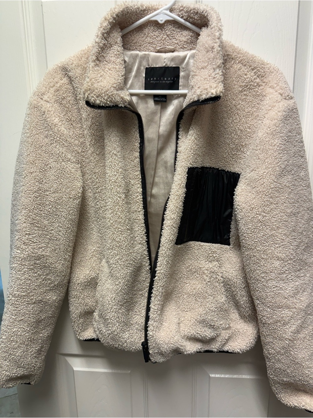 Sanctuary Cream Teddy Jacket with Black Pocket
